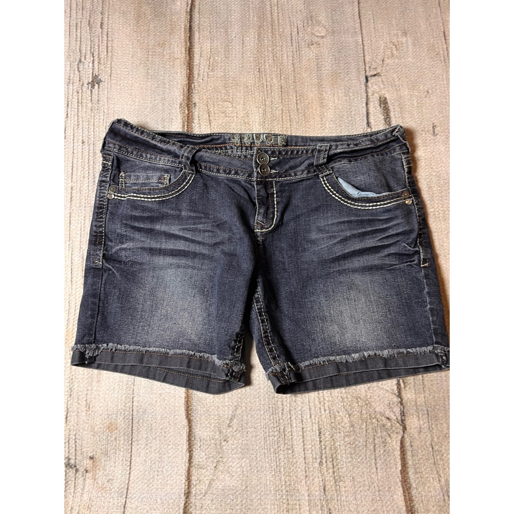 Truce Denim Shorts Womens 17 Dark Wash Raw‎ Hem Y2K McBling Rhinestone Mid Rise